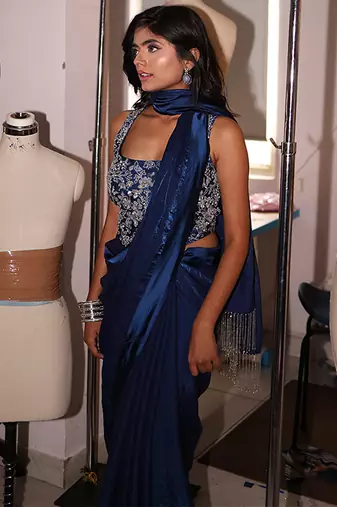 Blue embroidered satin saree