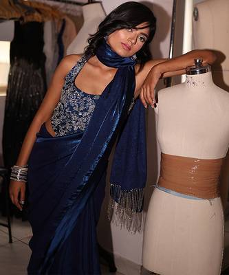 Blue embroidered satin saree 4