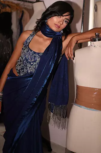 Blue embroidered satin saree