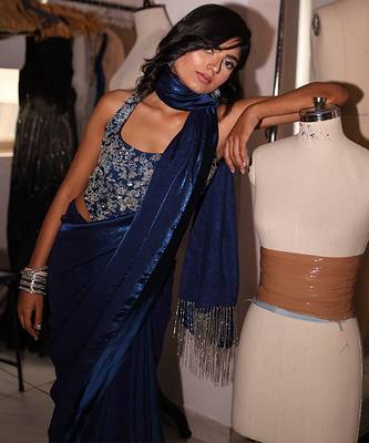 Blue embroidered satin saree 5