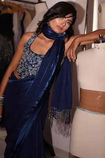 Blue embroidered satin saree