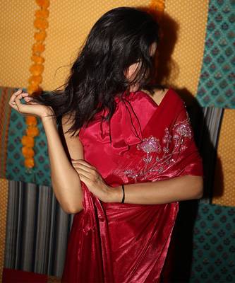 Red embroidered organza saree 4