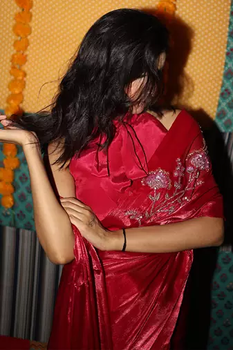 Red embroidered organza saree