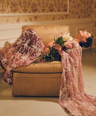Pink embroidered net saree 2
