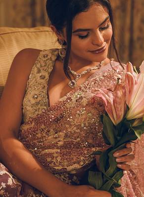 Pink embroidered net saree 3