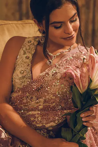 Pink embroidered net saree