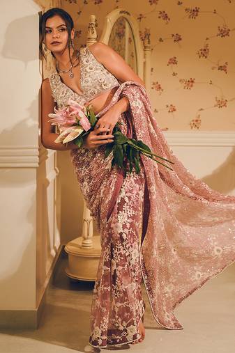 Pink embroidered net saree