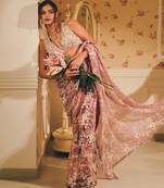 Pink embroidered net saree