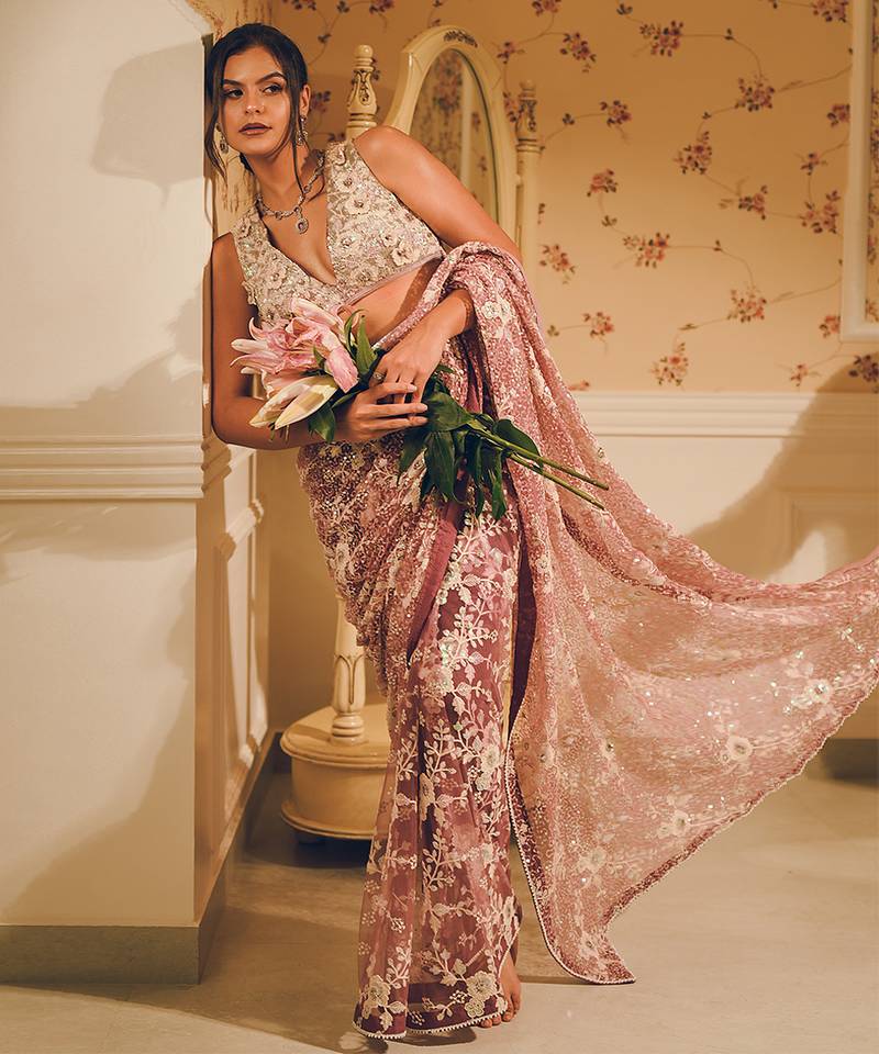 Pink embroidered net saree