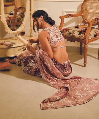 Pink embroidered net saree 4