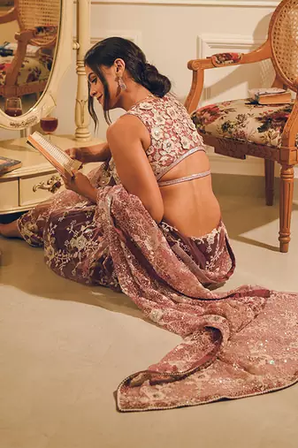 Pink embroidered net saree