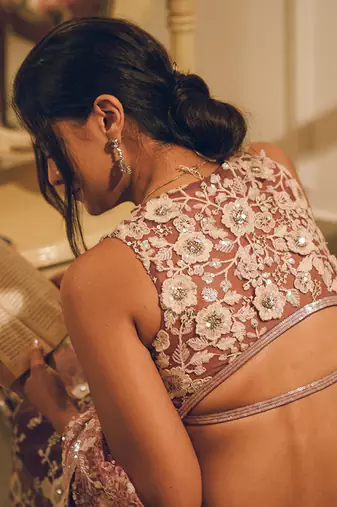 Pink embroidered net saree