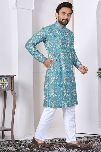 Blue digital printed work cotton straight kurta