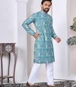 Blue digital printed work cotton straight kurta