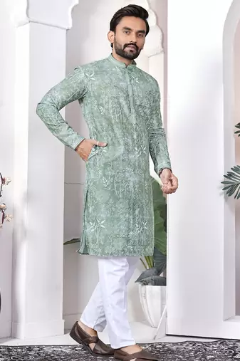 Sea green digital printed work cotton straight kurta
