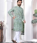 Sea green digital printed work cotton straight kurta