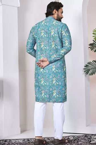 Blue digital printed work cotton straight kurta