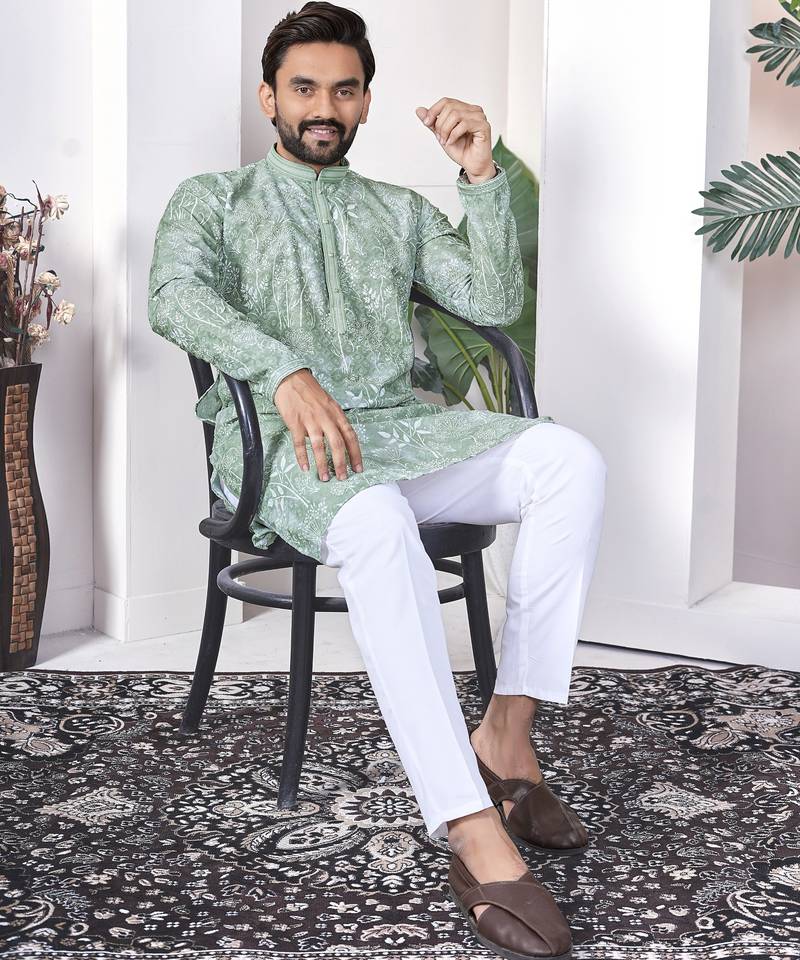 Sea green digital printed work cotton straight kurta