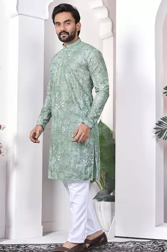 Sea green digital printed work cotton straight kurta