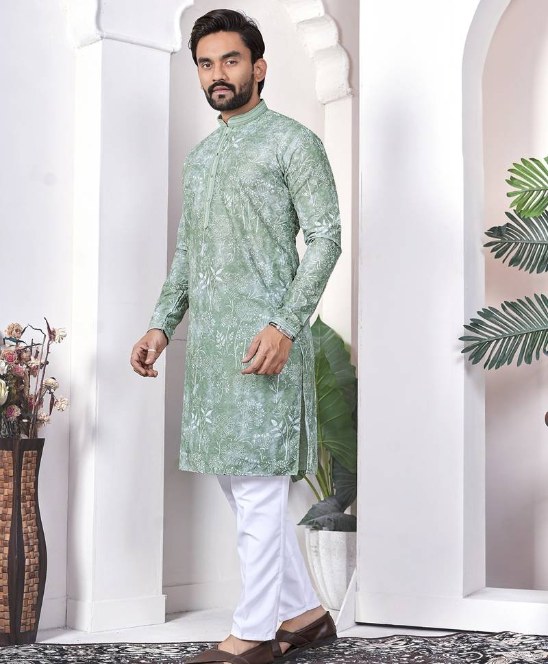 Sea green digital printed work cotton straight kurta