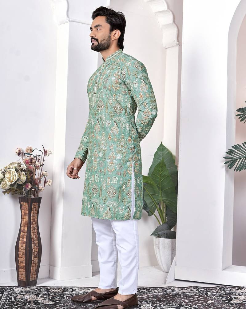 Green digital printed work cotton straight kurta