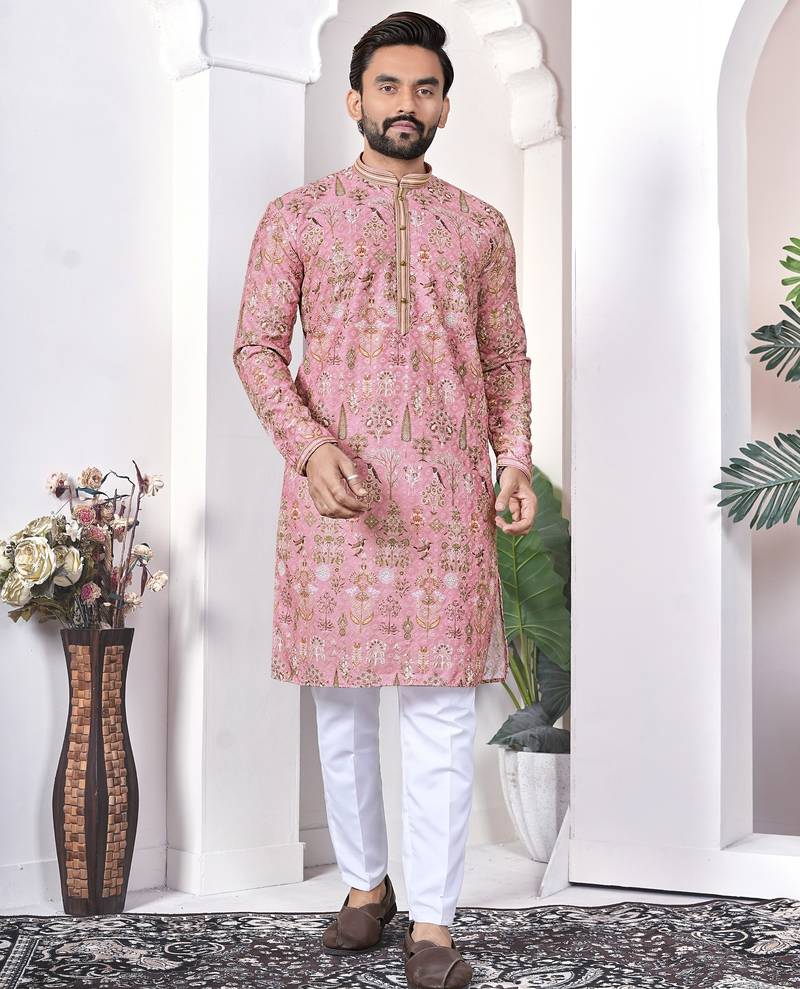 Peach digital printed work cotton straight kurta