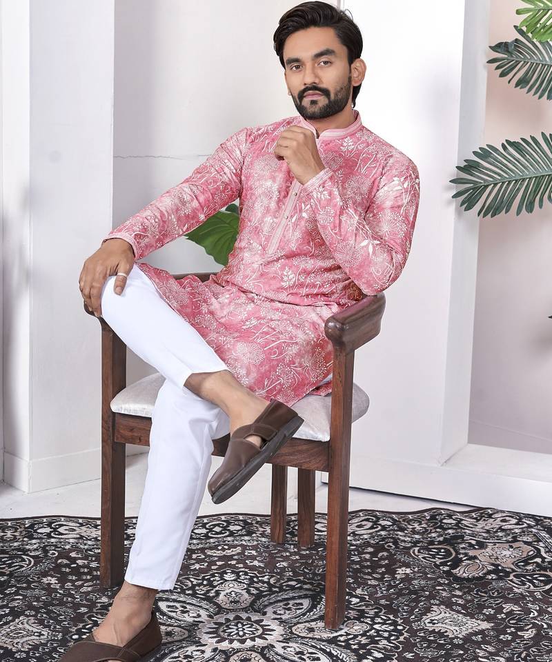 Pink digital printed work cotton straight kurta