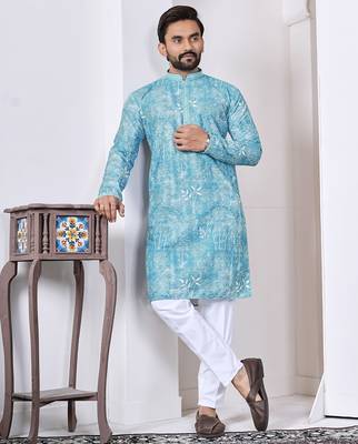 Sky blue digital printed work cotton straight kurta 1