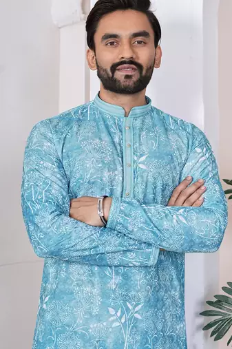Sky blue digital printed work cotton straight kurta