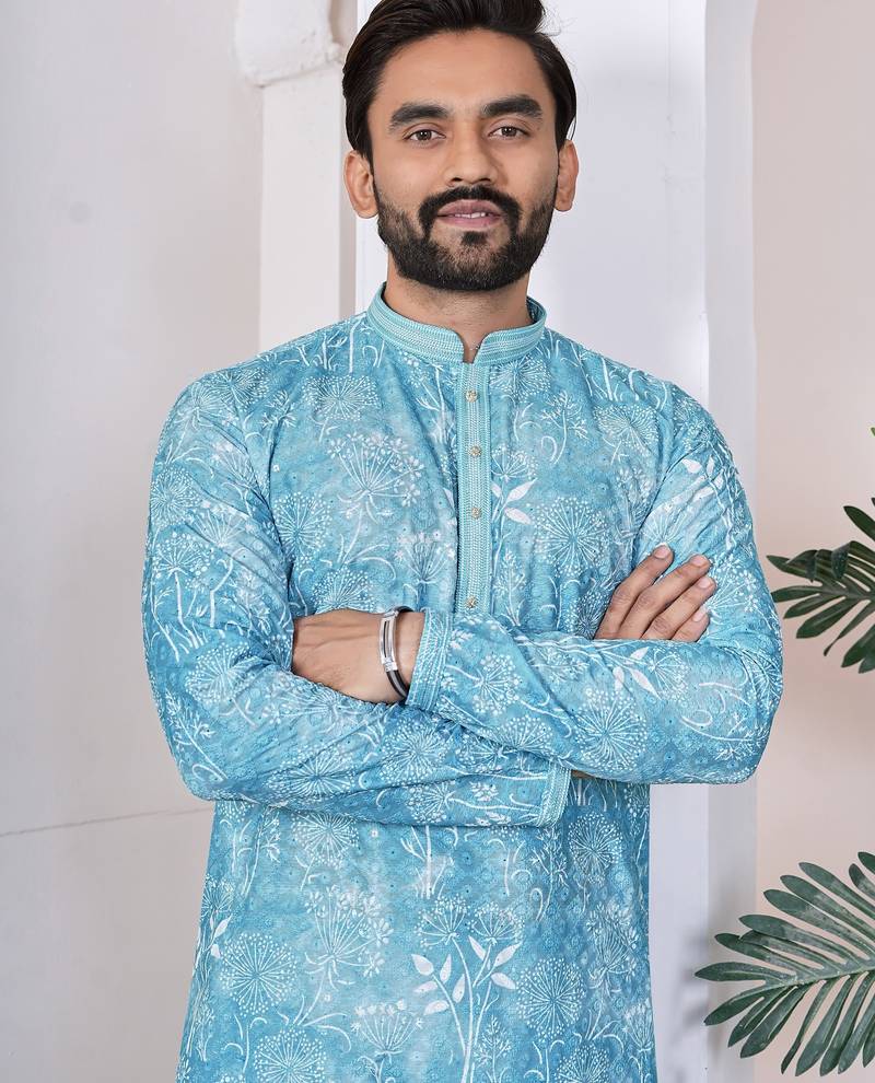 Sky blue digital printed work cotton straight kurta