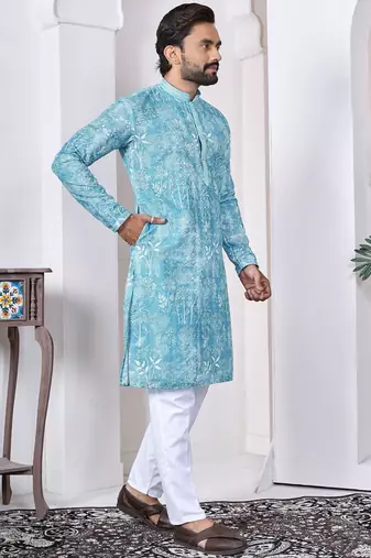 Sky blue digital printed work cotton straight kurta