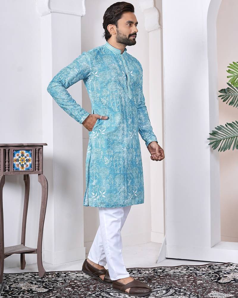 Sky blue digital printed work cotton straight kurta