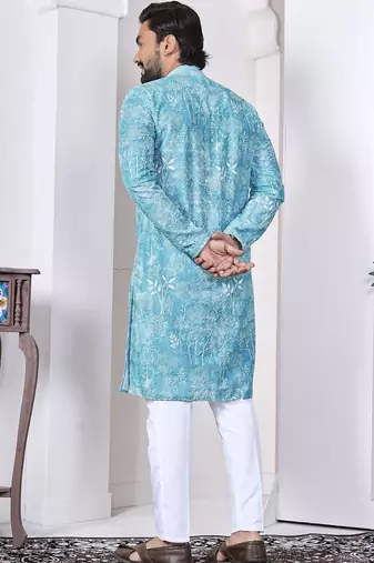 Sky blue digital printed work cotton straight kurta