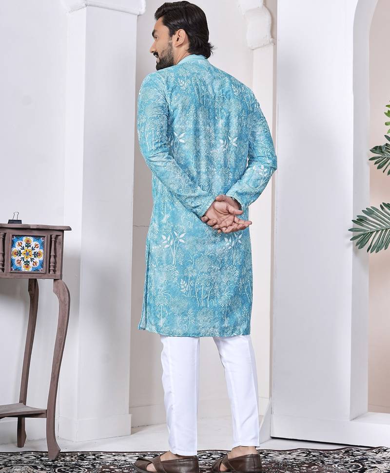 Sky blue digital printed work cotton straight kurta