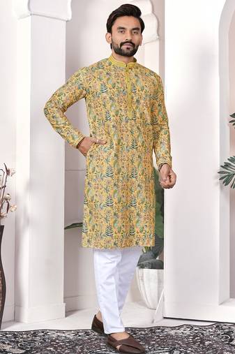 Yellow digital printed work cotton straight kurta