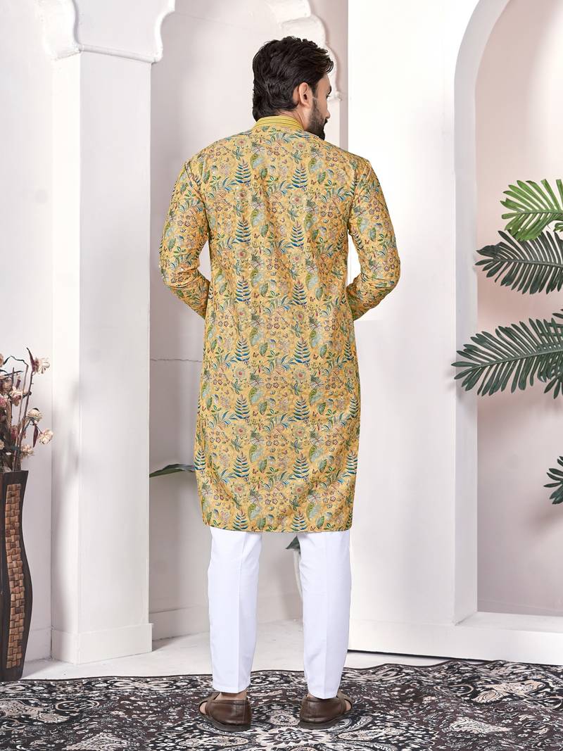 Yellow digital printed work cotton straight kurta