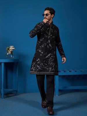 BLACK VISCOSE SILK THREAD WITH SEQUINS EMBROIDERED WORK WEDDING FESTIVAL PARTY WEAR STRAIGHT KURTA 1