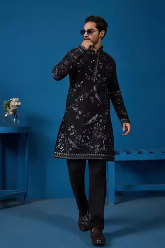 Black viscose silk thread with sequins embroidered work wedding festival party wear straight kurta