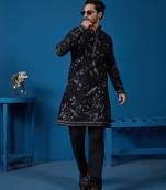 Black viscose silk thread with sequins embroidered work wedding festival party wear straight kurta