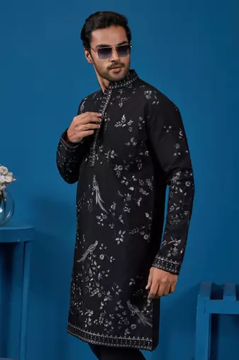 BLACK VISCOSE SILK THREAD WITH SEQUINS EMBROIDERED WORK WEDDING FESTIVAL PARTY WEAR STRAIGHT KURTA