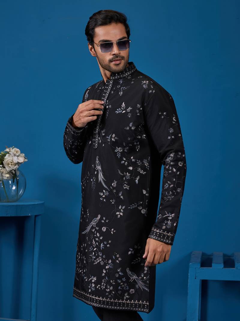 Black viscose silk thread with sequins embroidered work wedding festival party wear straight kurta