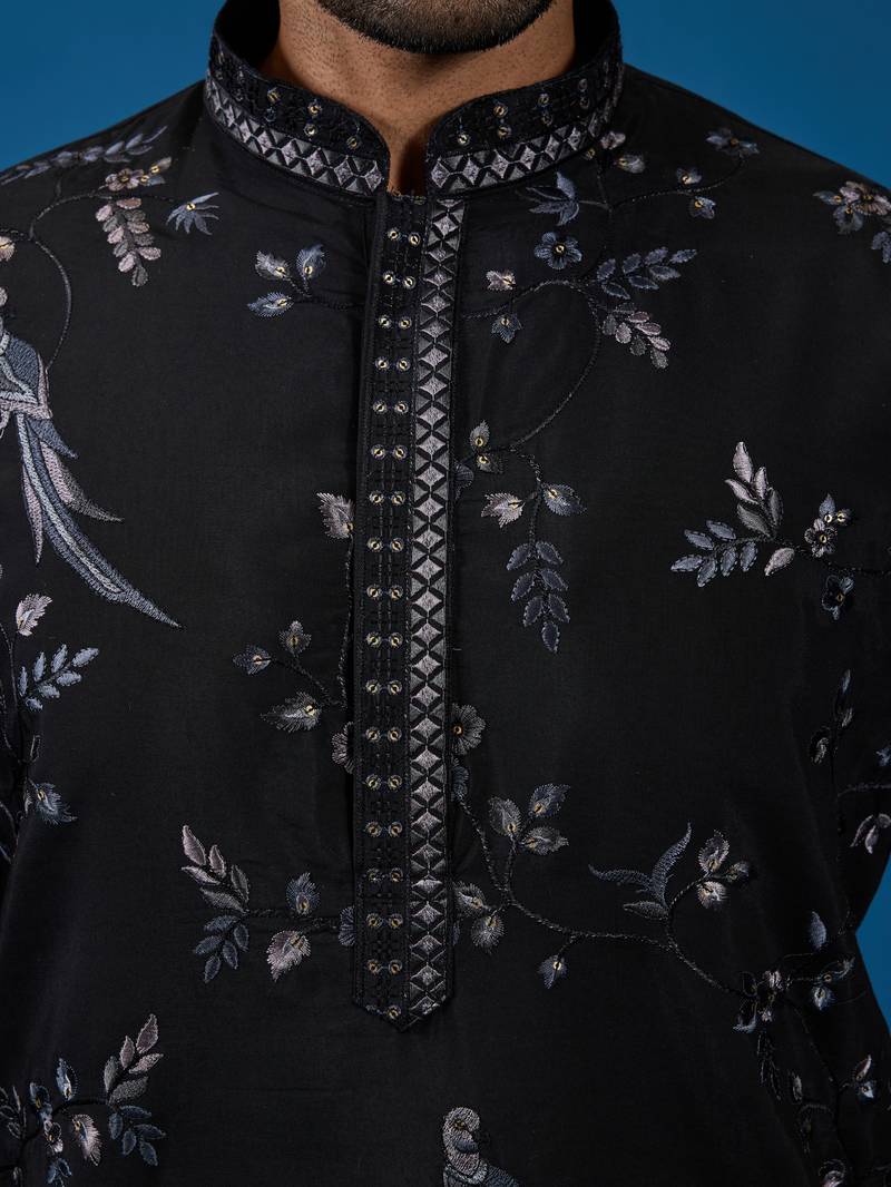 Black viscose silk thread with sequins embroidered work wedding festival party wear straight kurta