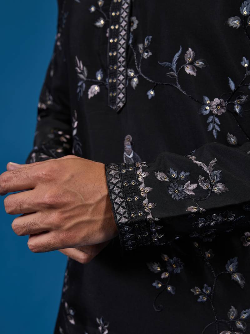 Black viscose silk thread with sequins embroidered work wedding festival party wear straight kurta