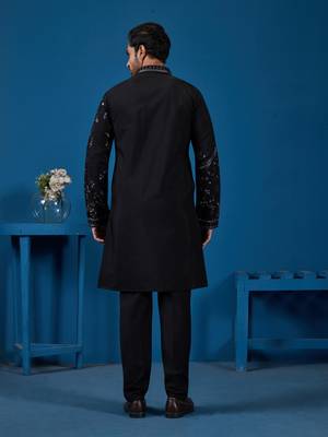 BLACK VISCOSE SILK THREAD WITH SEQUINS EMBROIDERED WORK WEDDING FESTIVAL PARTY WEAR STRAIGHT KURTA 6