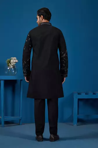 BLACK VISCOSE SILK THREAD WITH SEQUINS EMBROIDERED WORK WEDDING FESTIVAL PARTY WEAR STRAIGHT KURTA