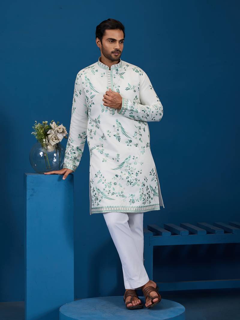 White turquoise viscose silk thread with sequins embroidered work wedding festival party wear straight kurta