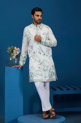 White turquoise viscose silk thread with sequins embroidered work wedding festival party wear straight kurta