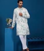White turquoise viscose silk thread with sequins embroidered work wedding festival party wear straight kurta