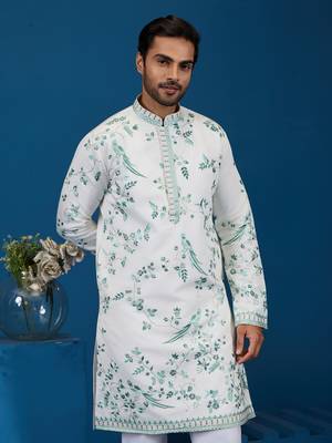 WHITE TURQUOISE VISCOSE SILK THREAD WITH SEQUINS EMBROIDERED WORK WEDDING FESTIVAL PARTY WEAR STRAIGHT KURTA 3