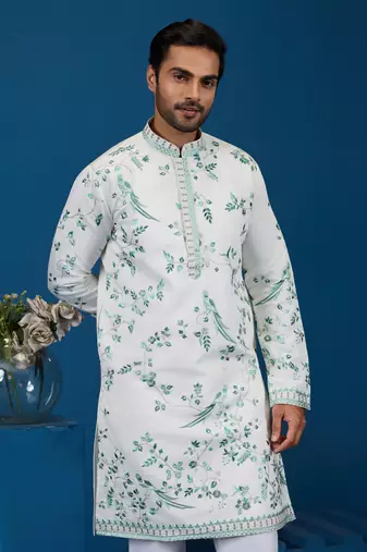 WHITE TURQUOISE VISCOSE SILK THREAD WITH SEQUINS EMBROIDERED WORK WEDDING FESTIVAL PARTY WEAR STRAIGHT KURTA
